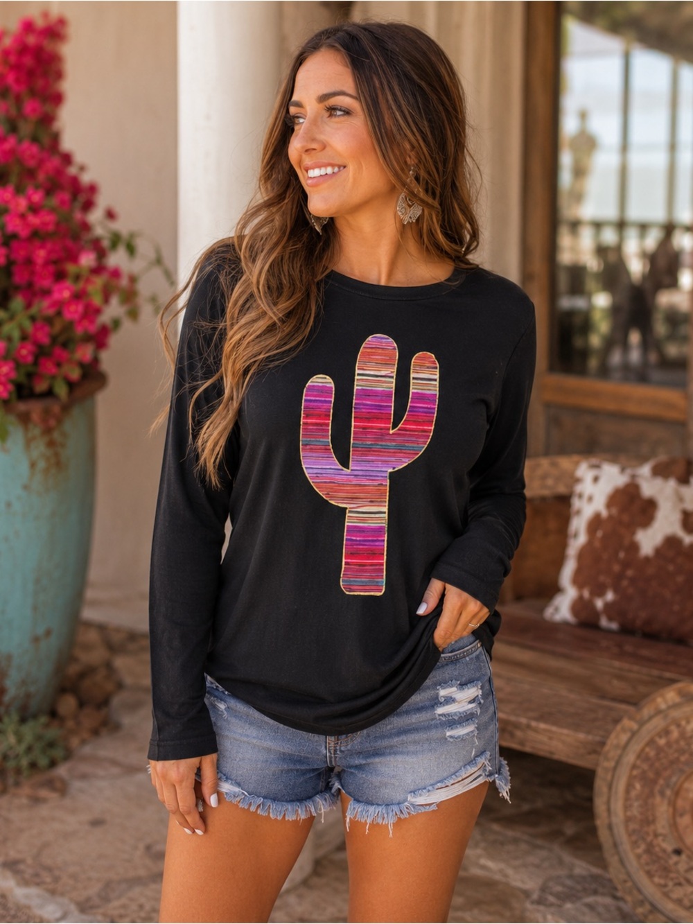 Southern Grace Black Cactus Graphic Long Sleeve Tee Southwestern Top L - Picture 2 of 10